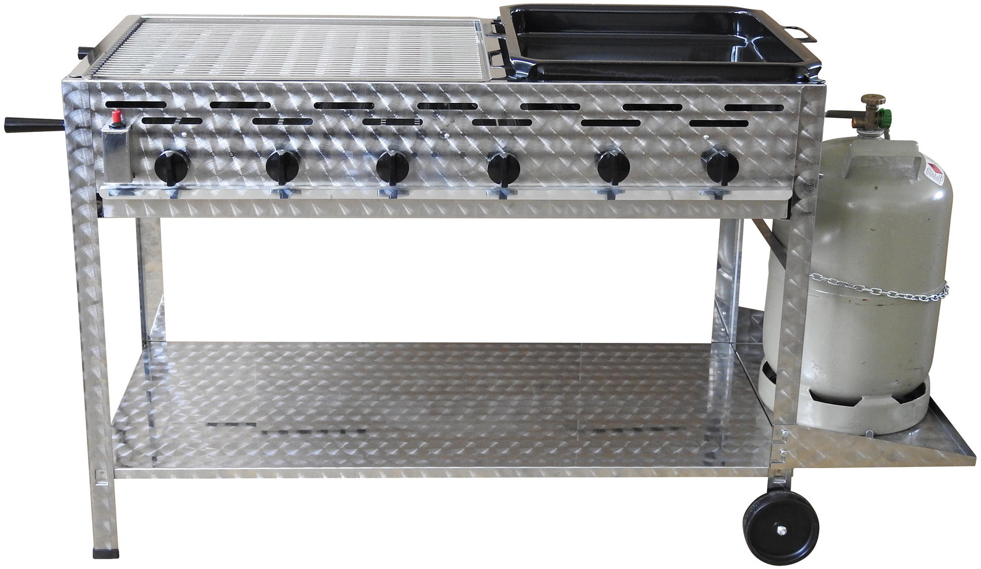 Profi-Gasgrill 6 flammig, fahrbar, mit 3/5 Rost und 2/5 Pfanne